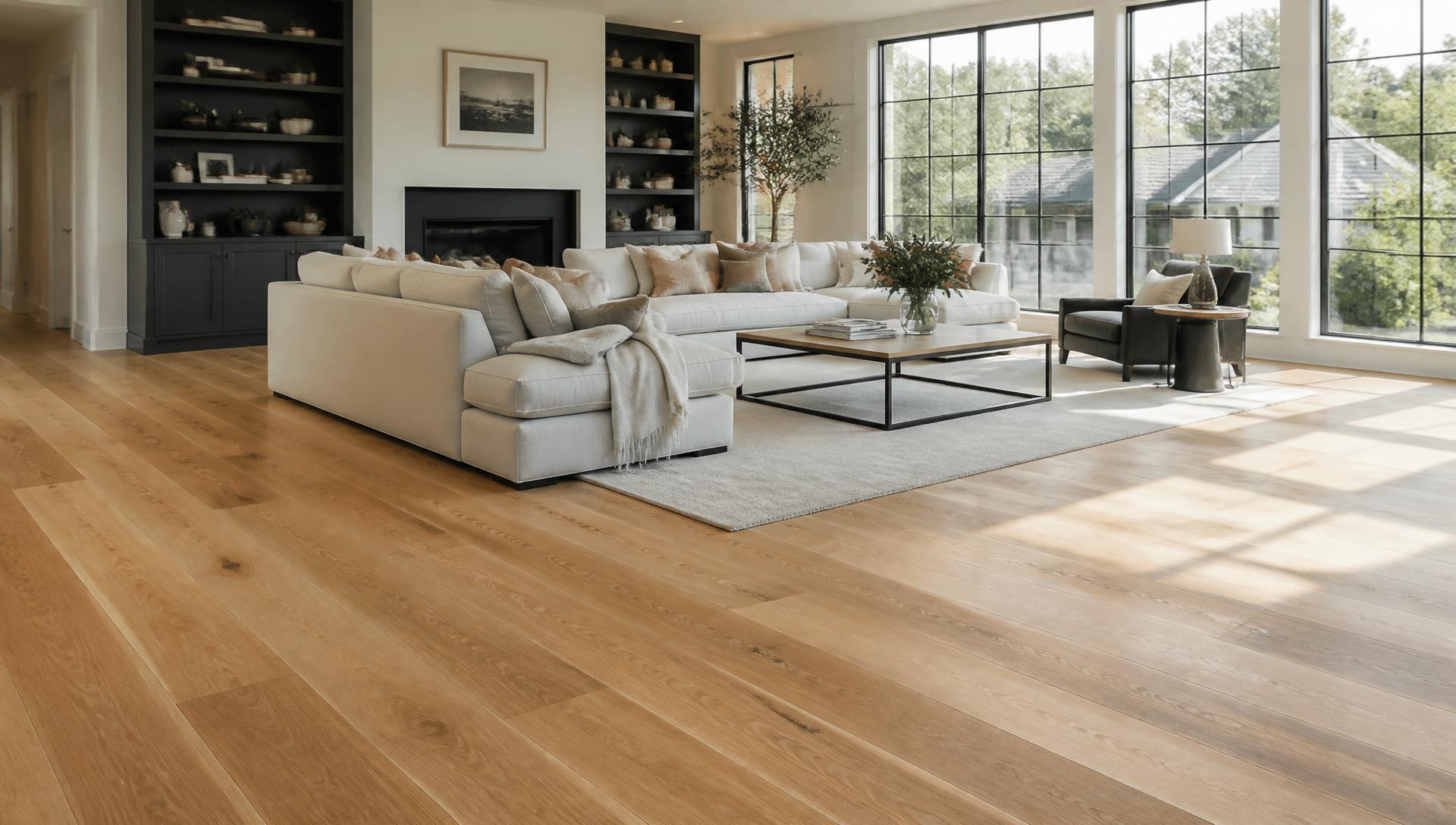 Freshly installed wide-plank oak hardwood floor in a bright living room